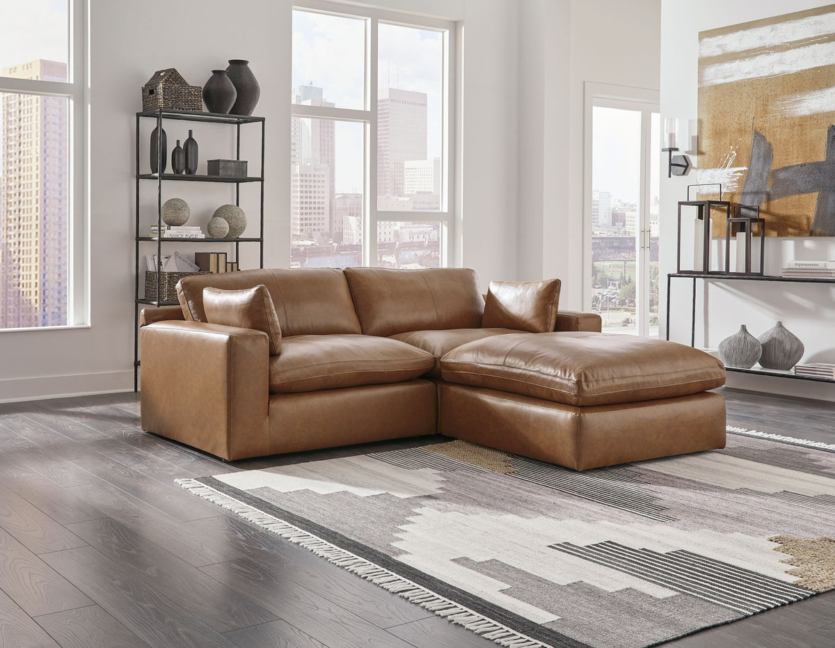 Emilia - 3 Pc. - 2-Piece Sectional Loveseat, Ottoman - Caramel by Ashley – 3 Piece Living Room Sets