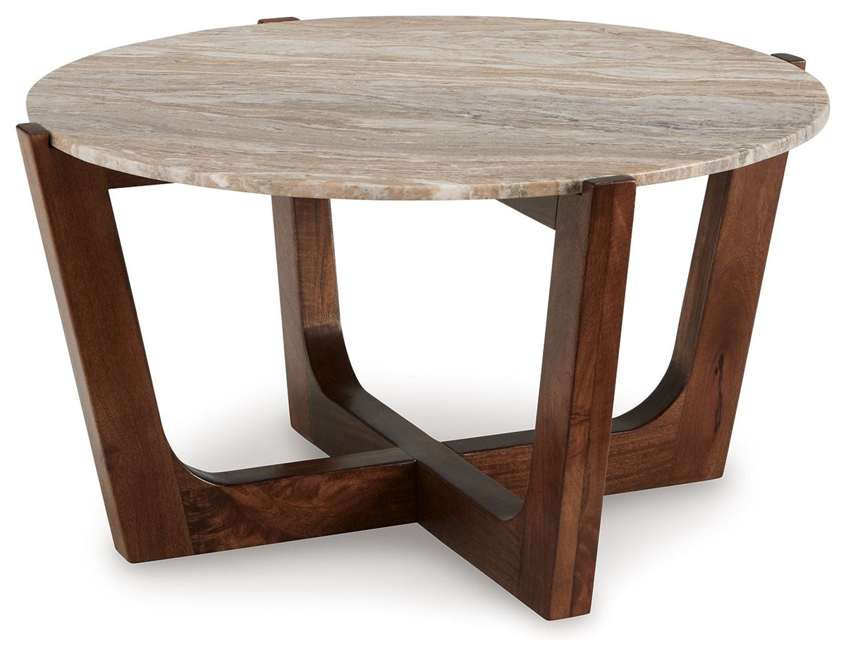 Tanidore - Round Cocktail Table - Warm Brown by Ashley – Coffee Tables
