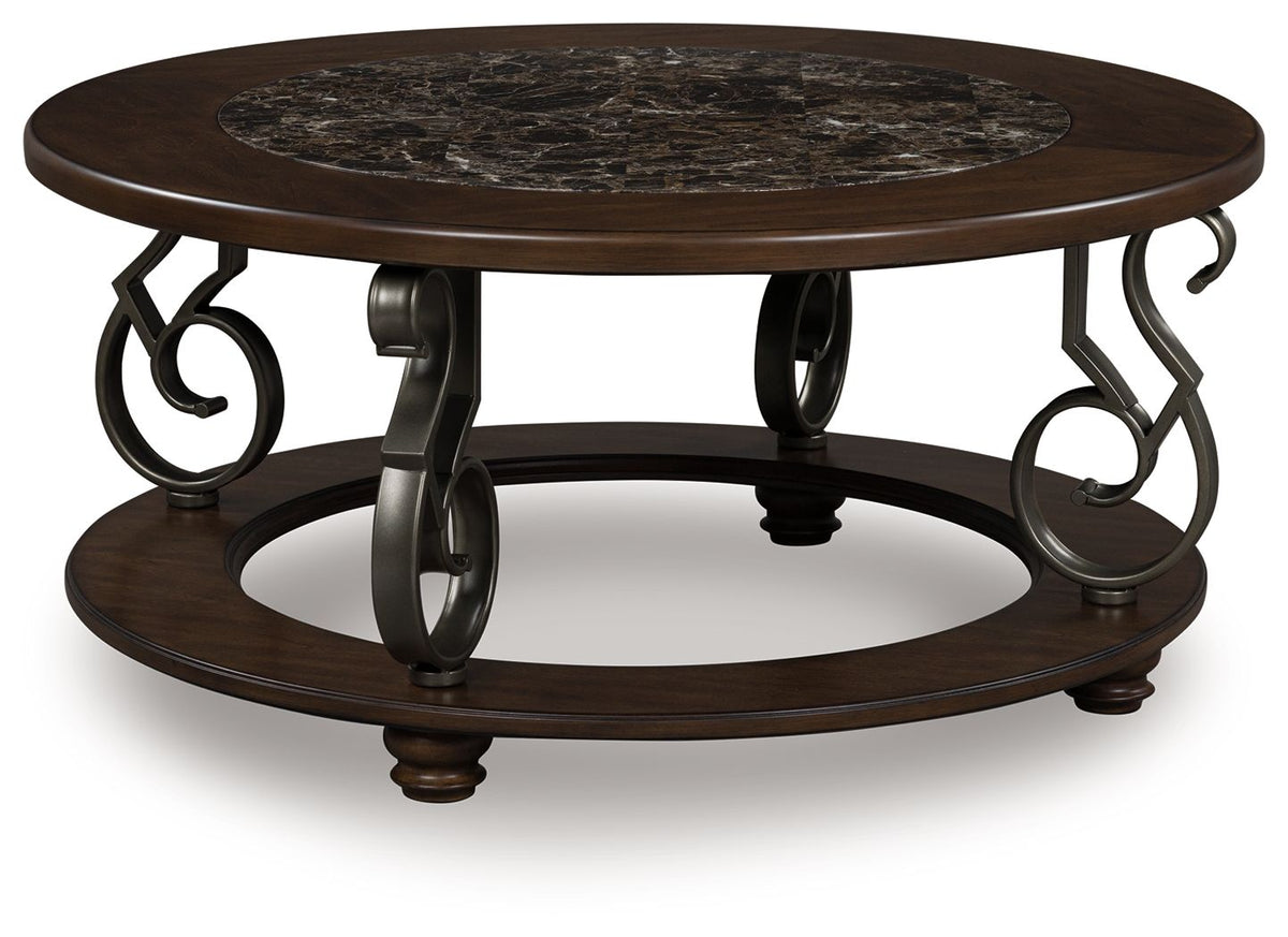 Frallyn - Round Cocktail Table - Dark Brown by Ashley – Coffee Tables