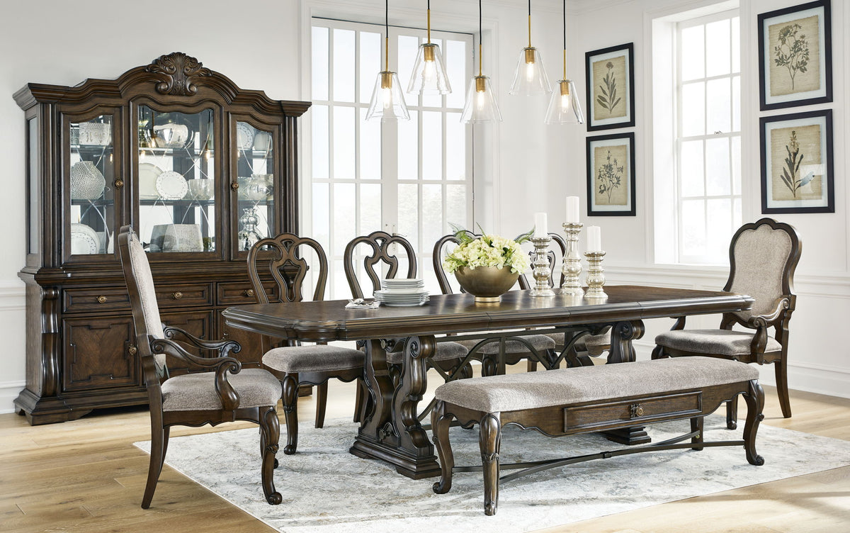 Maylee - 11 Pc. - Dining Extension Table, 4 Side Chairs, 2 Arm Chairs, Storage Bench, Buffet And Hutch - Dark Brown by Ashley – 8 + Piece Dining Room Sets